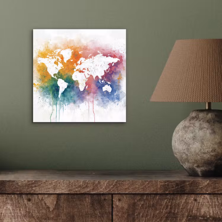 Wereldkaart - Omlijst - Verfspatten - Regenboogkleuren aluminium wit klein -sfeer2