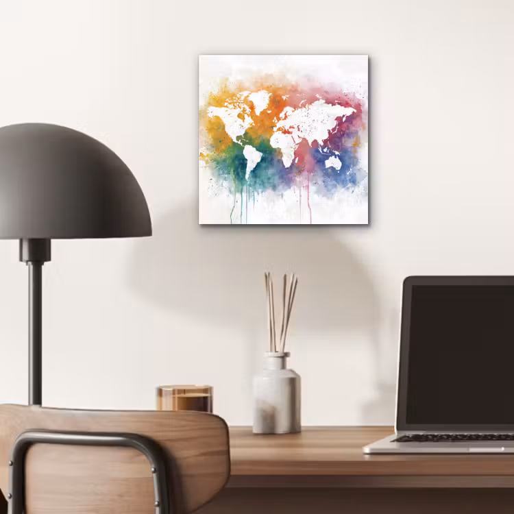 Wereldkaart - Omlijst - Verfspatten - Regenboogkleuren aluminium wit klein -sfeer5
