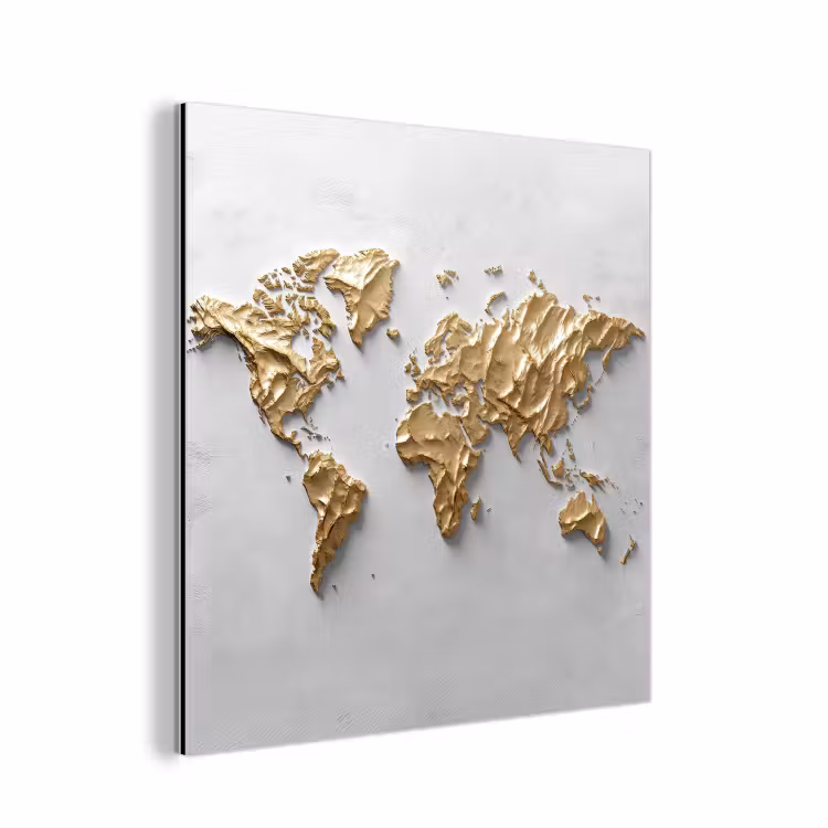 Wereldkaart - Egaal wit - Grof goud aluminium wit klein -3d