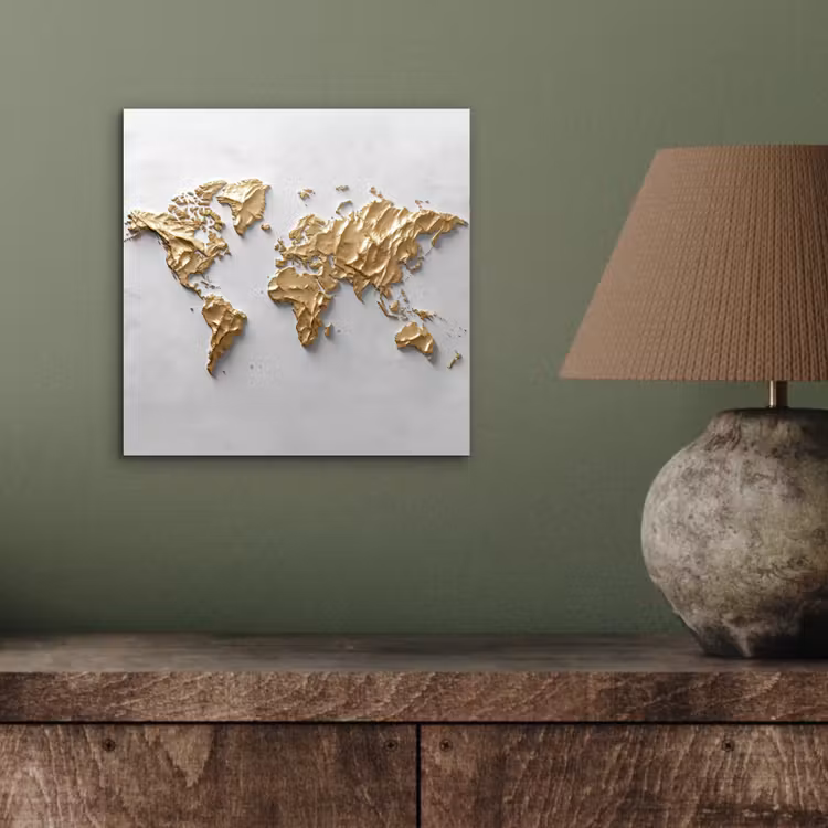 Wereldkaart - Egaal wit - Grof goud aluminium wit klein -sfeer2
