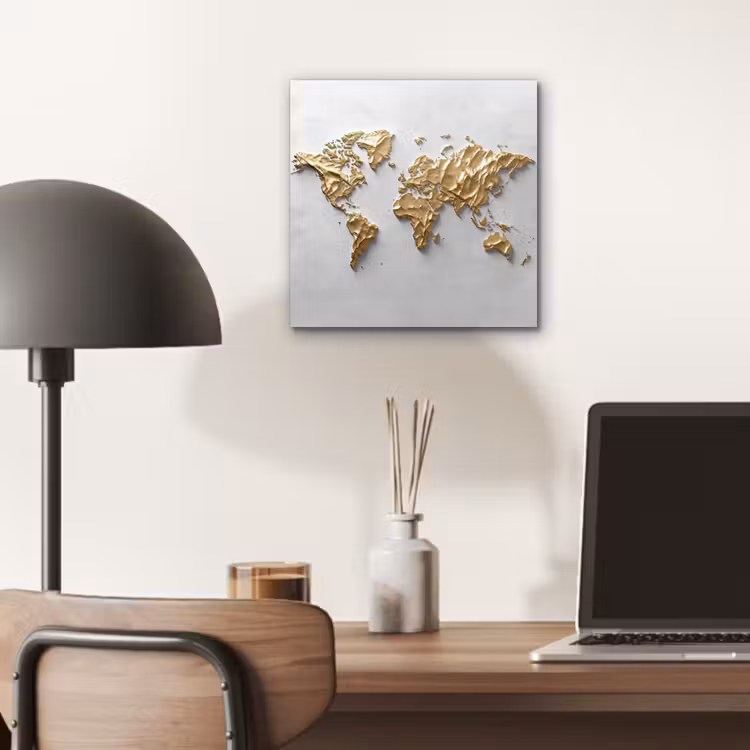 Wereldkaart - Egaal wit - Grof goud aluminium wit klein -sfeer5