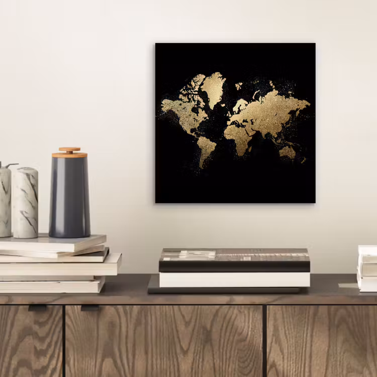 Wereldkaart - Glitter - Zwart aluminium wit klein -sfeer1