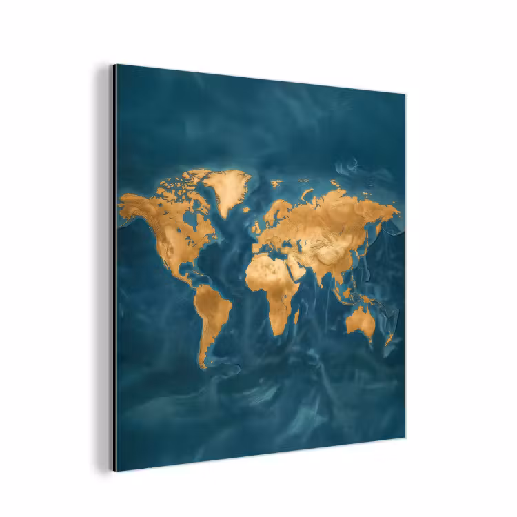 Wereldkaart - Goud - Oceaanblauw aluminium wit klein -3d