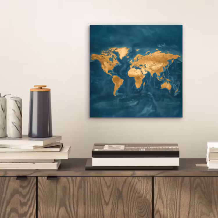 Wereldkaart - Goud - Oceaanblauw aluminium wit klein -sfeer1