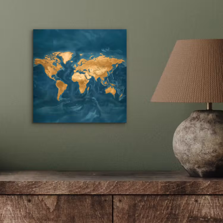 Wereldkaart - Goud - Oceaanblauw aluminium wit klein -sfeer2