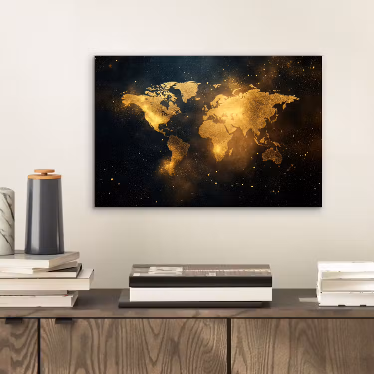 Wereldkaart - Gouden lichtpuntjes - Zwart aluminium wit klein -sfeer1