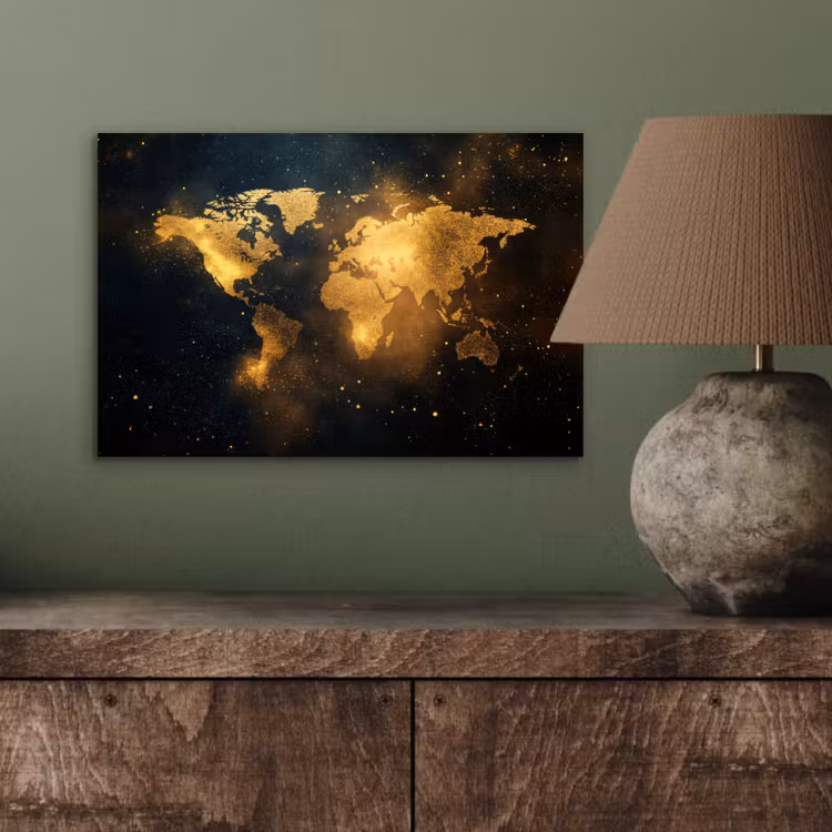 Wereldkaart - Gouden lichtpuntjes - Zwart aluminium wit klein -sfeer2