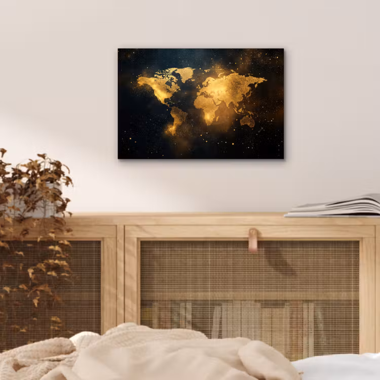 Wereldkaart - Gouden lichtpuntjes - Zwart aluminium wit klein -sfeer3