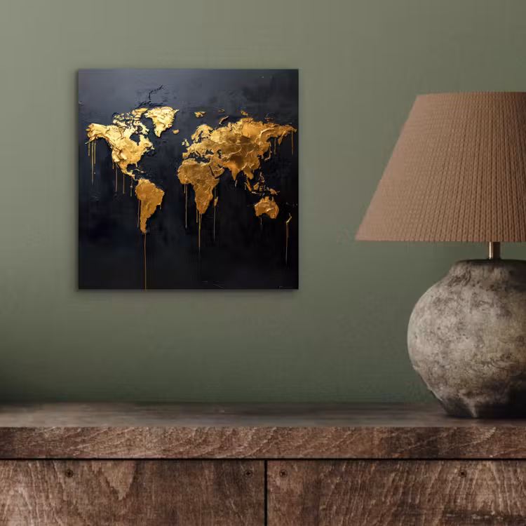 Wereldkaart - Gouden verf - Druppels - Zwart aluminium wit klein -sfeer2