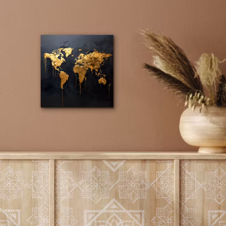 Wereldkaart - Gouden verf - Druppels - Zwart aluminium wit klein -sfeer4
