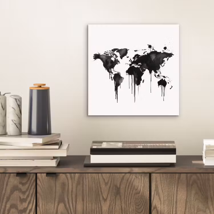 Wereldkaart - Graffiti - Zwart aluminium wit klein -sfeer1