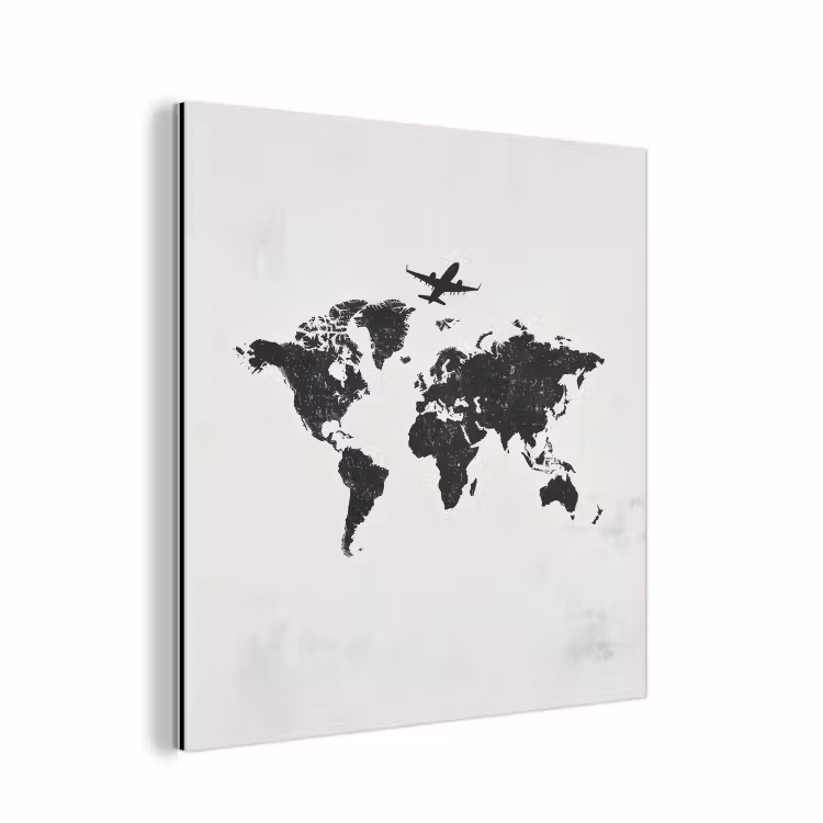 Wereldkaart - Grijs - Zwart - Vliegtuig aluminium wit klein -3d