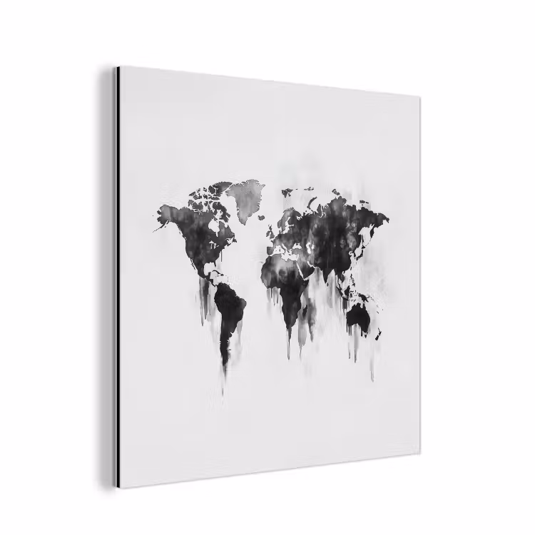Wereldkaart - Grijs - Zwart -  Inkt aluminium wit klein -3d
