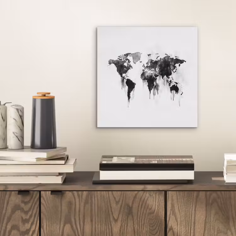 Wereldkaart - Grijs - Zwart -  Inkt aluminium wit klein -sfeer1