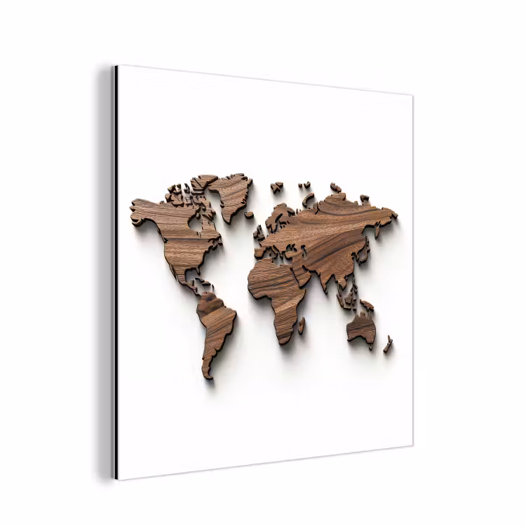 Wereldkaart - Hout - Elegant aluminium wit klein -3d