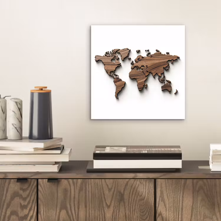 Wereldkaart - Hout - Elegant aluminium wit klein -sfeer1
