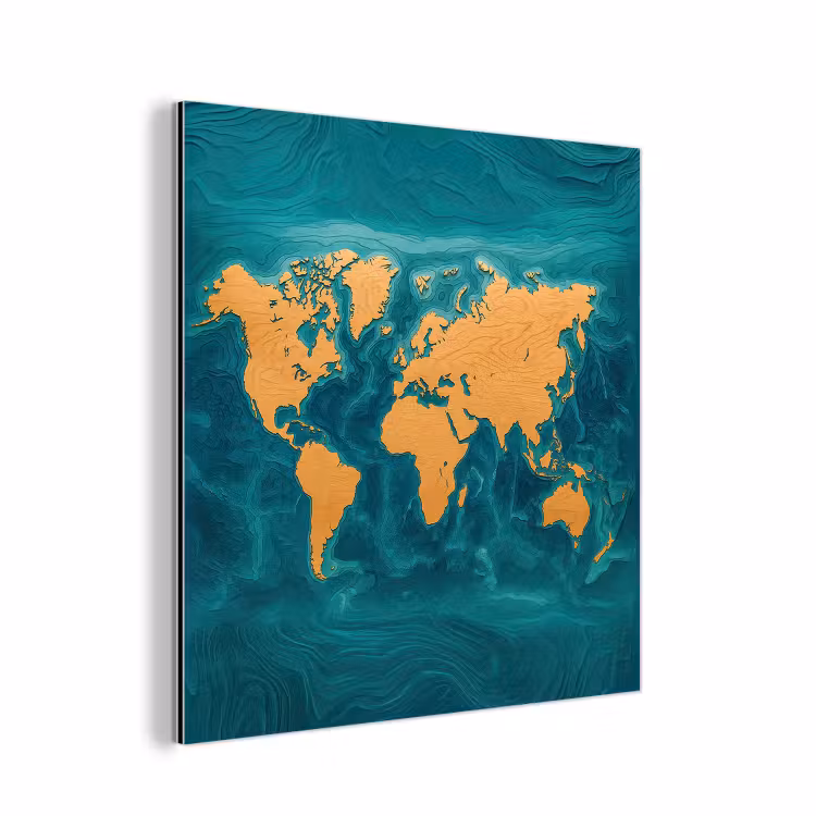 Wereldkaart - Houtsnede - Turkooisblauw aluminium wit klein -3d
