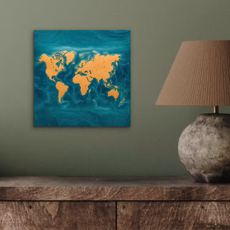 Wereldkaart - Houtsnede - Turkooisblauw aluminium wit klein -sfeer2