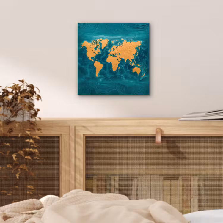 Wereldkaart - Houtsnede - Turkooisblauw aluminium wit klein -sfeer3