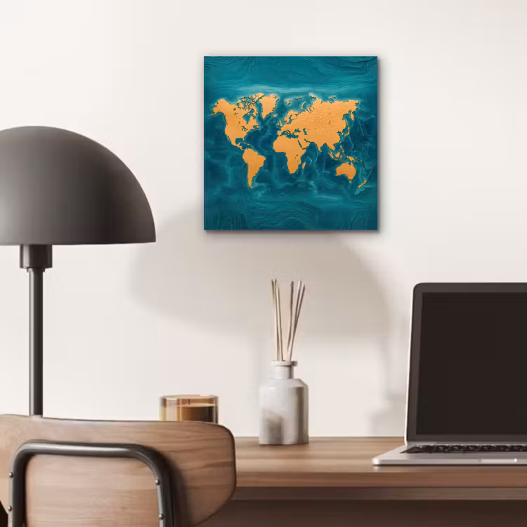 Wereldkaart - Houtsnede - Turkooisblauw aluminium wit klein -sfeer5