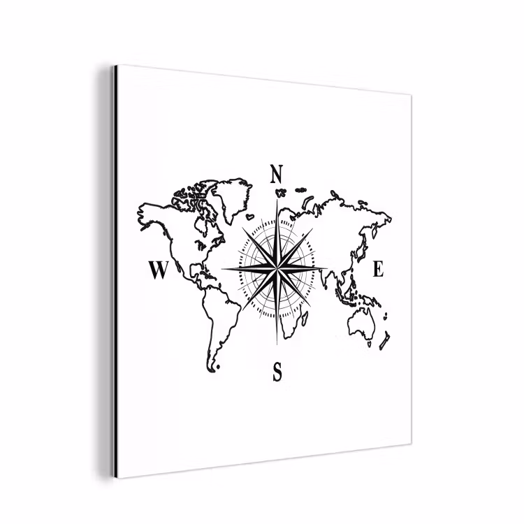 Wereldkaart - Kompas - Minimalistisch aluminium wit klein -3d