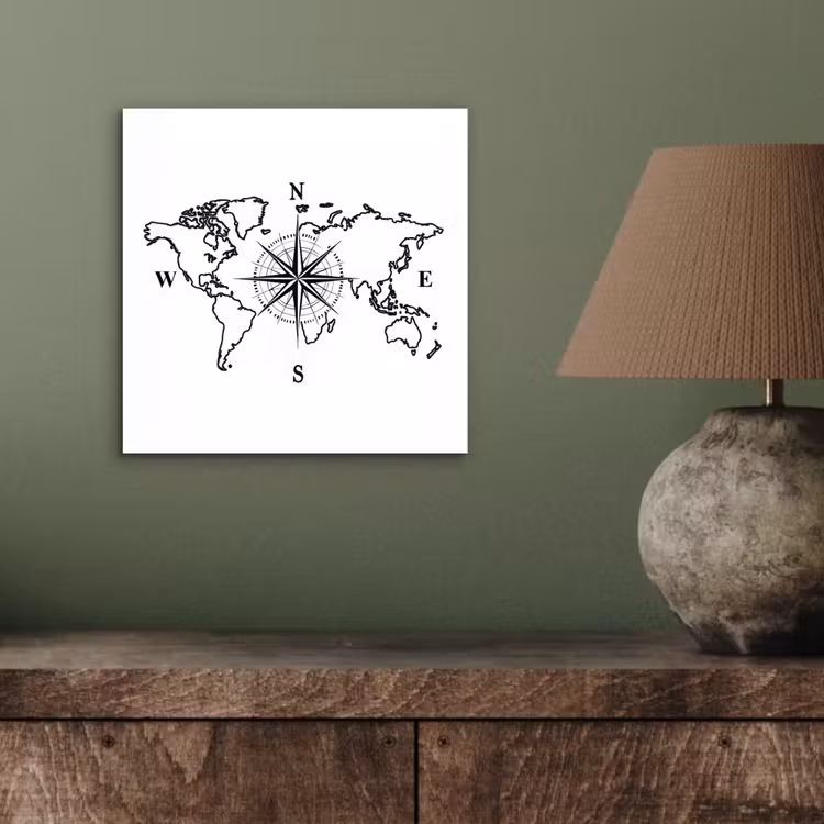 Wereldkaart - Kompas - Minimalistisch aluminium wit klein -sfeer2