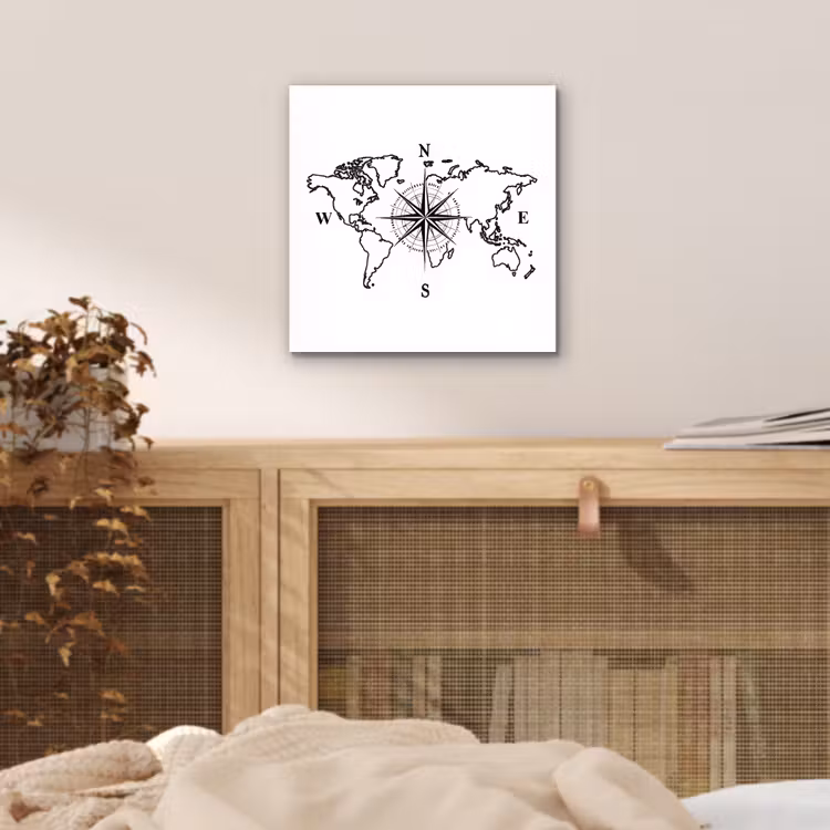 Wereldkaart - Kompas - Minimalistisch aluminium wit klein -sfeer3