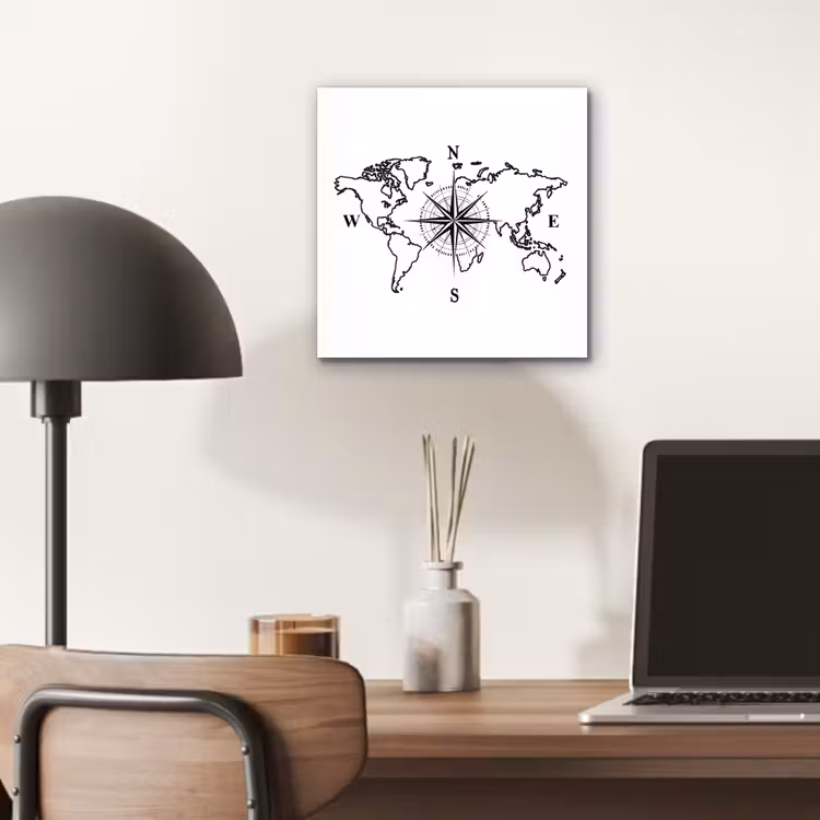 Wereldkaart - Kompas - Minimalistisch aluminium wit klein -sfeer5