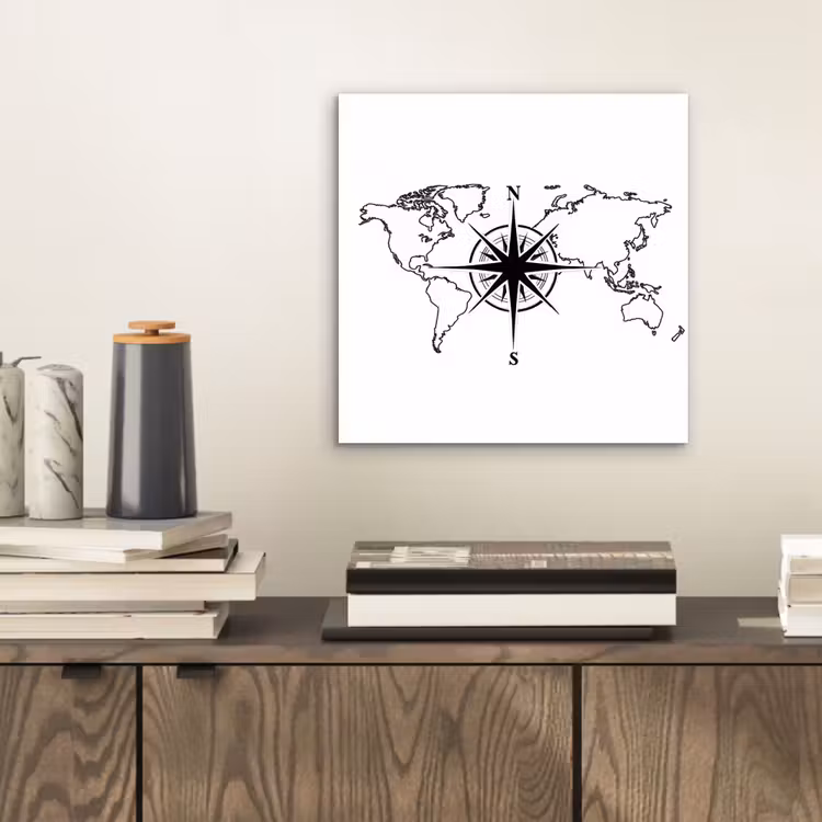 Wereldkaart - Kompas - Zwart - Wit aluminium wit klein -sfeer1