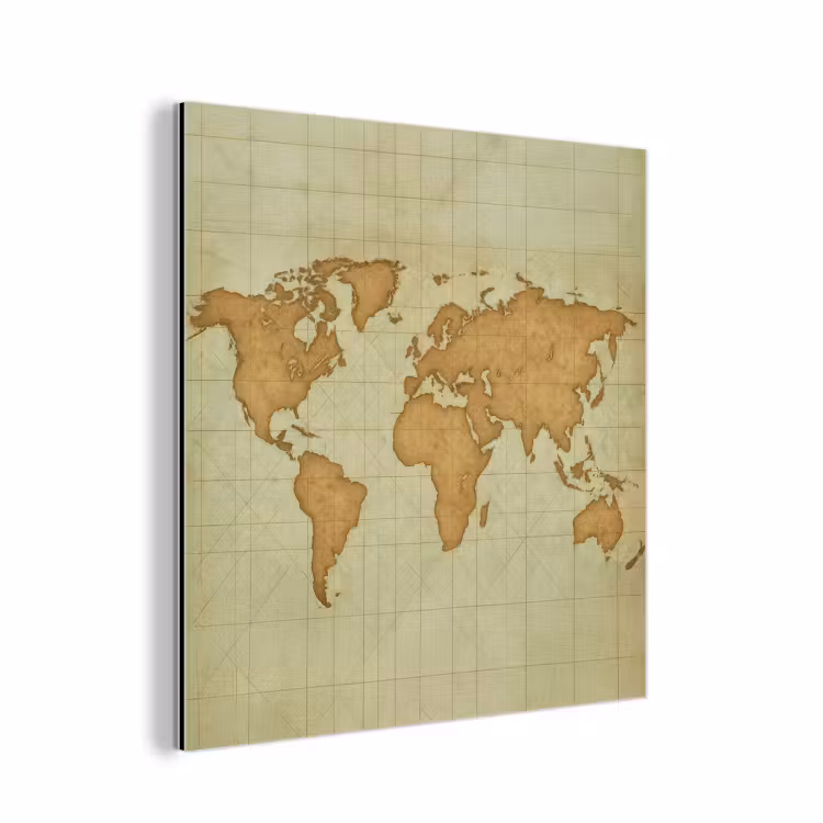 Wereldkaart - Kompasraster -Ruw aluminium wit klein -3d