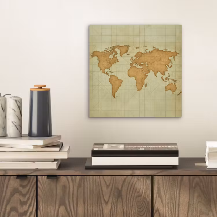 Wereldkaart - Kompasraster -Ruw aluminium wit klein -sfeer1