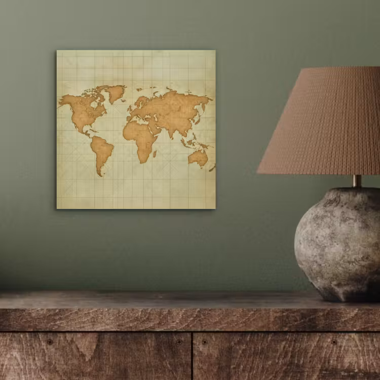 Wereldkaart - Kompasraster -Ruw aluminium wit klein -sfeer2
