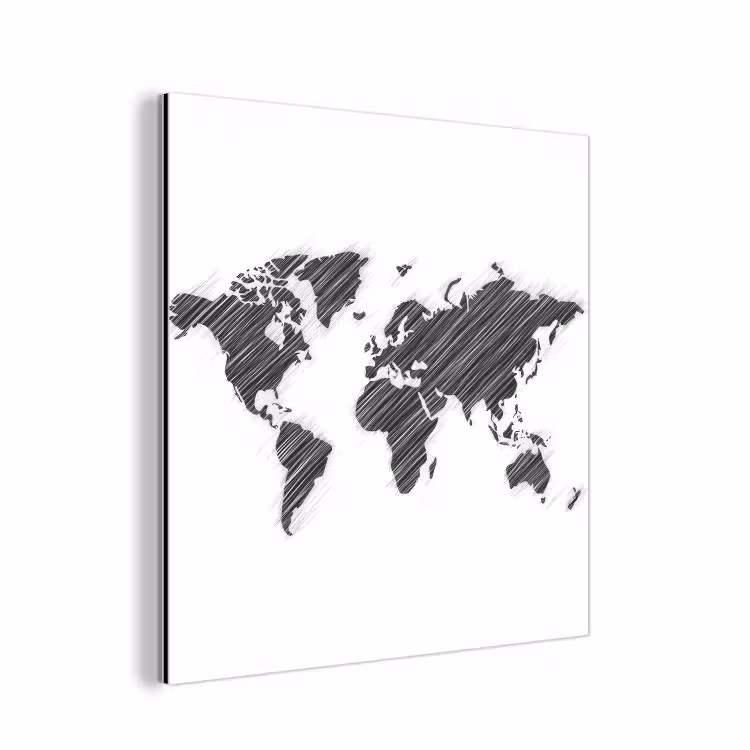 Wereldkaart - Contrast - Lijnen aluminium wit klein -3d