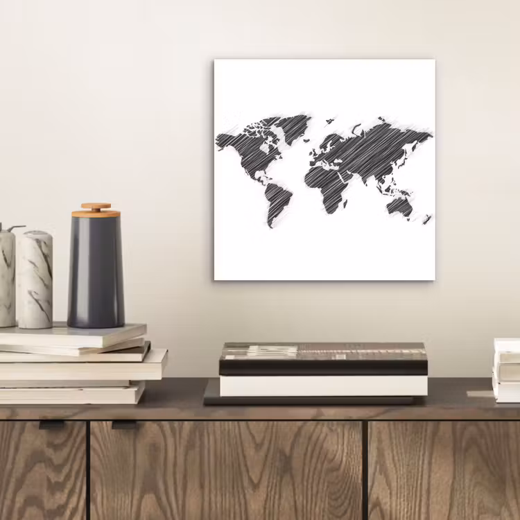 Wereldkaart - Contrast - Lijnen aluminium wit klein -sfeer1