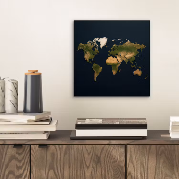 Wereldkaart - Contrast - Minimalistisch - Blauw aluminium wit klein -sfeer1