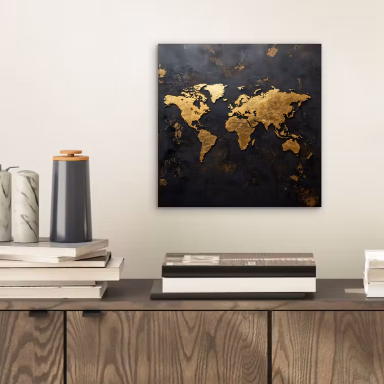 Wereldkaart - Artistiek - Zwart aluminium wit klein -sfeer1