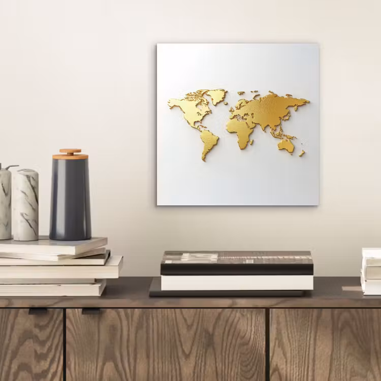 Wereldkaart - Luxe uitstraling - Glanzend goud aluminium wit klein -sfeer1