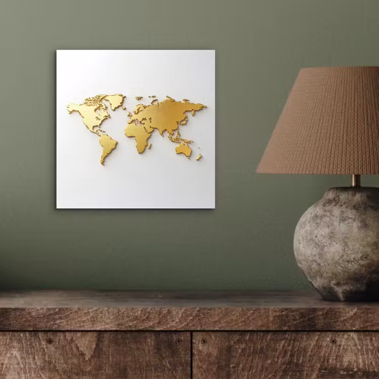 Wereldkaart - Luxe uitstraling - Glanzend goud aluminium wit klein -sfeer2