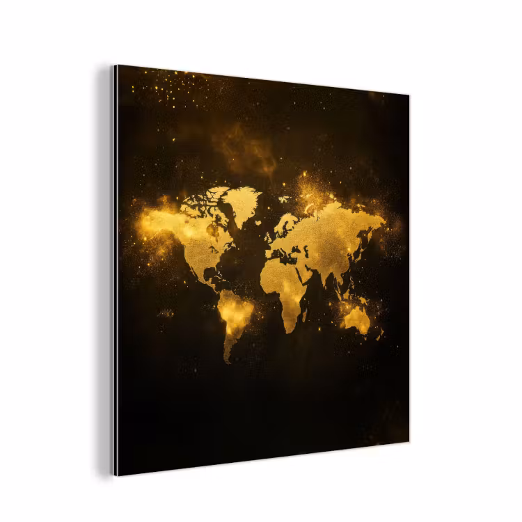 Wereldkaart - Magisch effect - Gouden deeltjes aluminium wit klein -3d