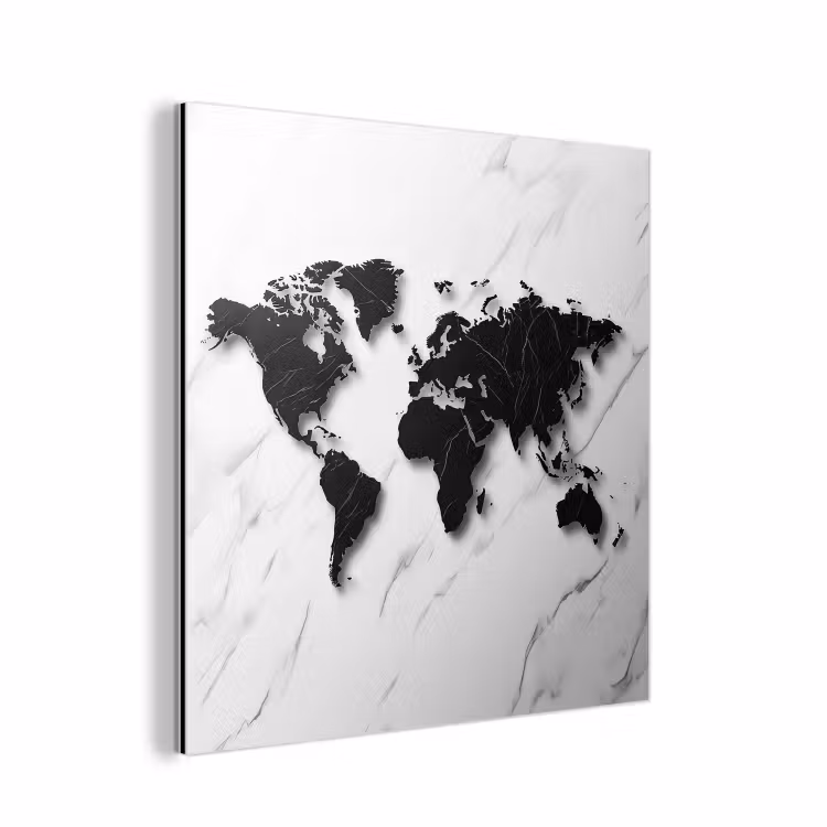 Wereldkaart - Marmer - Wit - Zwart aluminium wit klein -3d