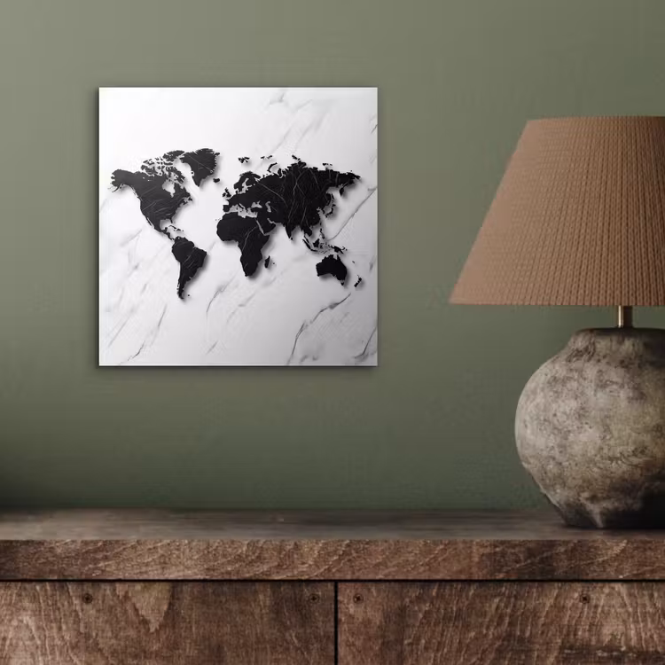 Wereldkaart - Marmer - Wit - Zwart aluminium wit klein -sfeer2