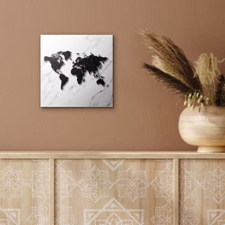 Wereldkaart - Marmer - Wit - Zwart aluminium wit klein -sfeer4