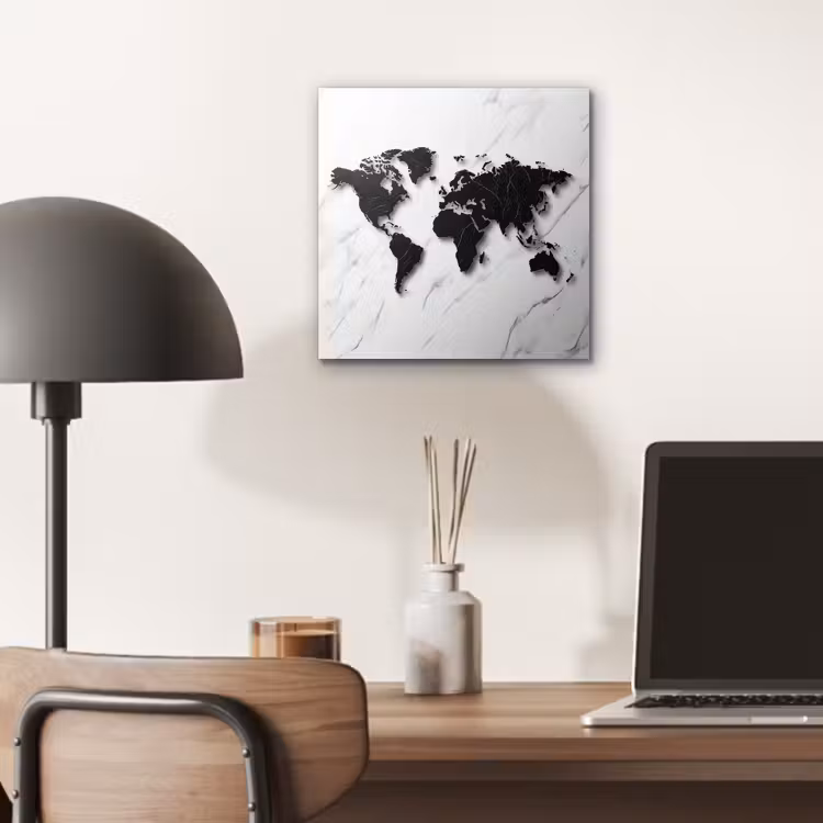 Wereldkaart - Marmer - Wit - Zwart aluminium wit klein -sfeer5