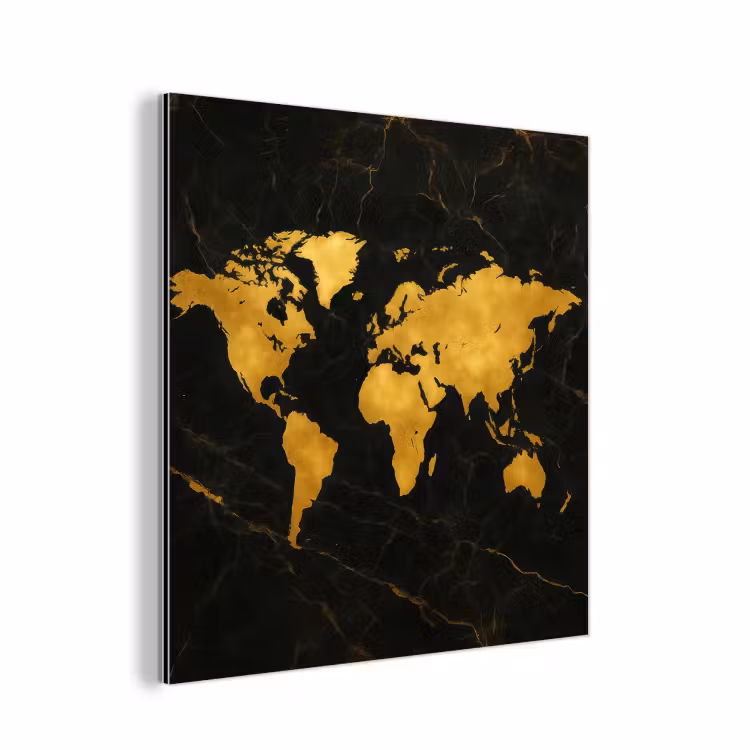 Wereldkaart - Marmerstructuur - Elegant - Zwart aluminium wit klein -3d
