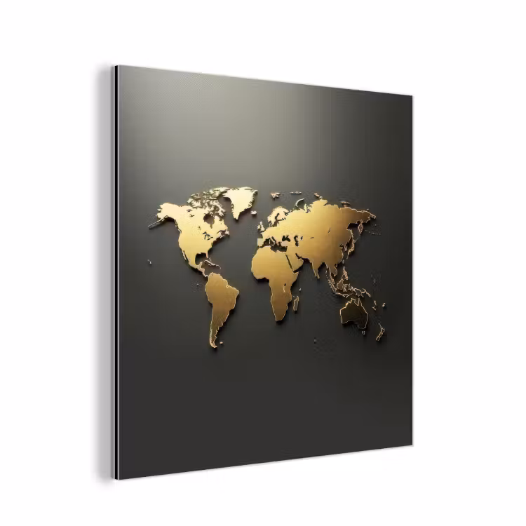 Wereldkaart - Minimalistisch - Gouden afwerking aluminium wit klein -3d