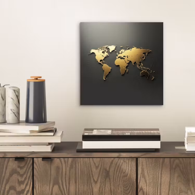 Wereldkaart - Minimalistisch - Gouden afwerking aluminium wit klein -sfeer1
