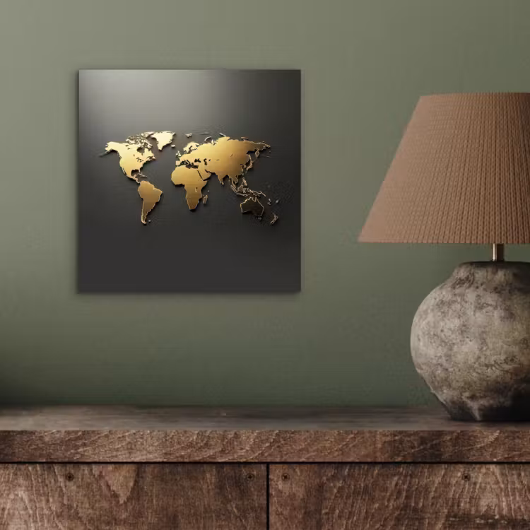Wereldkaart - Minimalistisch - Gouden afwerking aluminium wit klein -sfeer2
