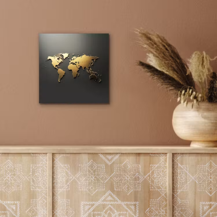 Wereldkaart - Minimalistisch - Gouden afwerking aluminium wit klein -sfeer4