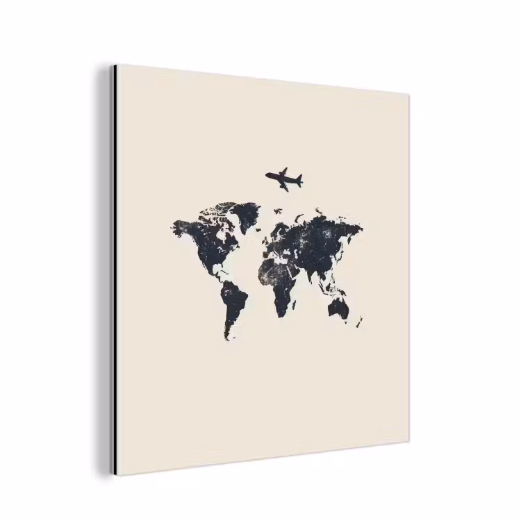 Wereldkaart - Minimalistisch - Grijs - Vliegtuig aluminium wit klein -3d