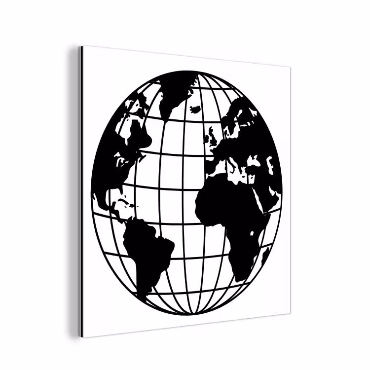 Wereldkaart - Minimalistisch - Zwart - Wit aluminium wit klein -3d